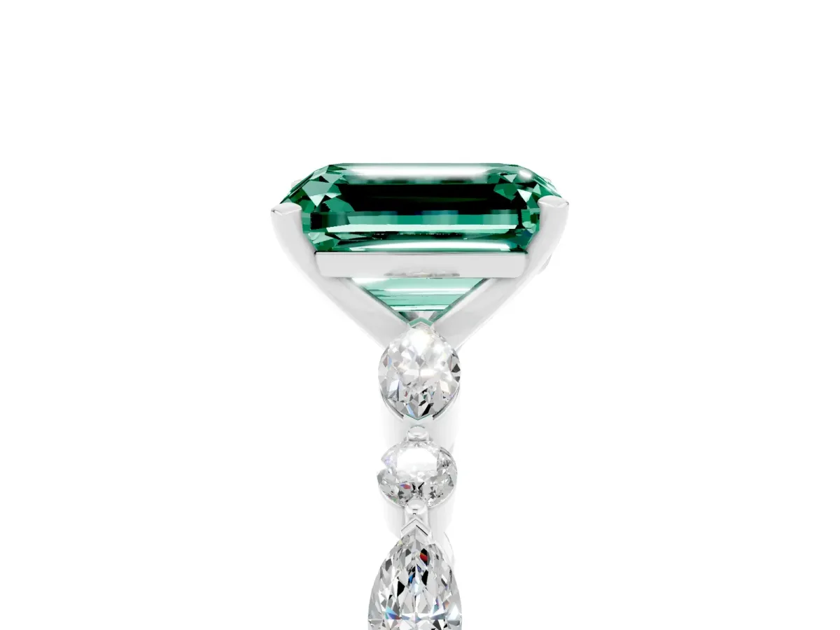 Emerald Cut Green Sapphire Ring with Marquise and Round Side Stones and Four-Prong Setting Platinum