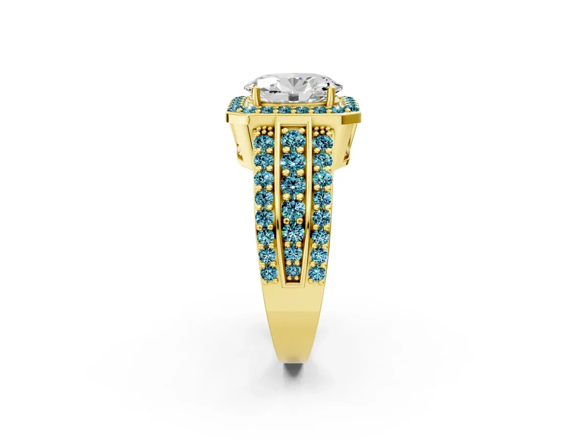 Oval Cut Halo Diamond Ring with Round Blue Topaz Split Shank and Prong Setting Yellow gold