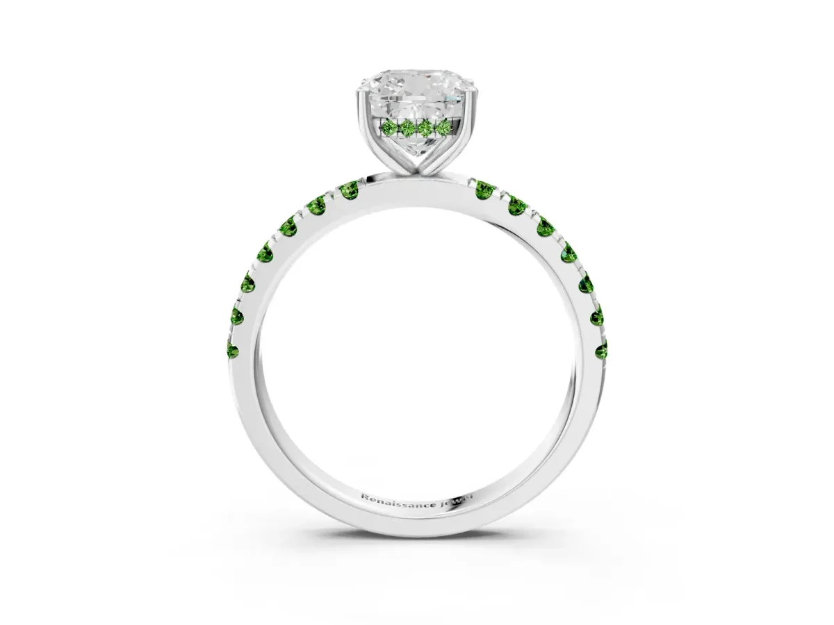Cushion Cut Diamond Pave Band Solitaire Ring with Round Peridot and Prong Setting White gold