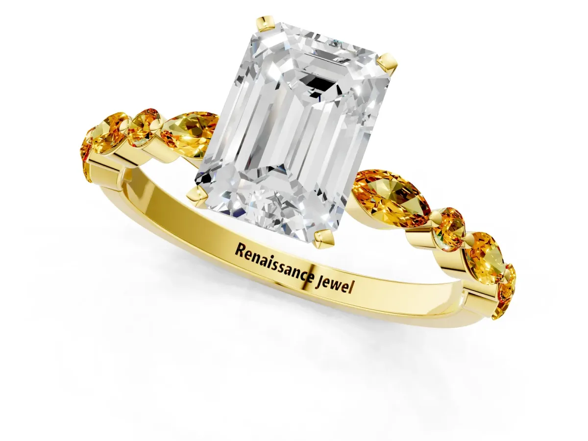 Emerald Cut Diamond Ring with Marquise and Round Citrine Side Stones and Four-Prong Setting Yellow gold