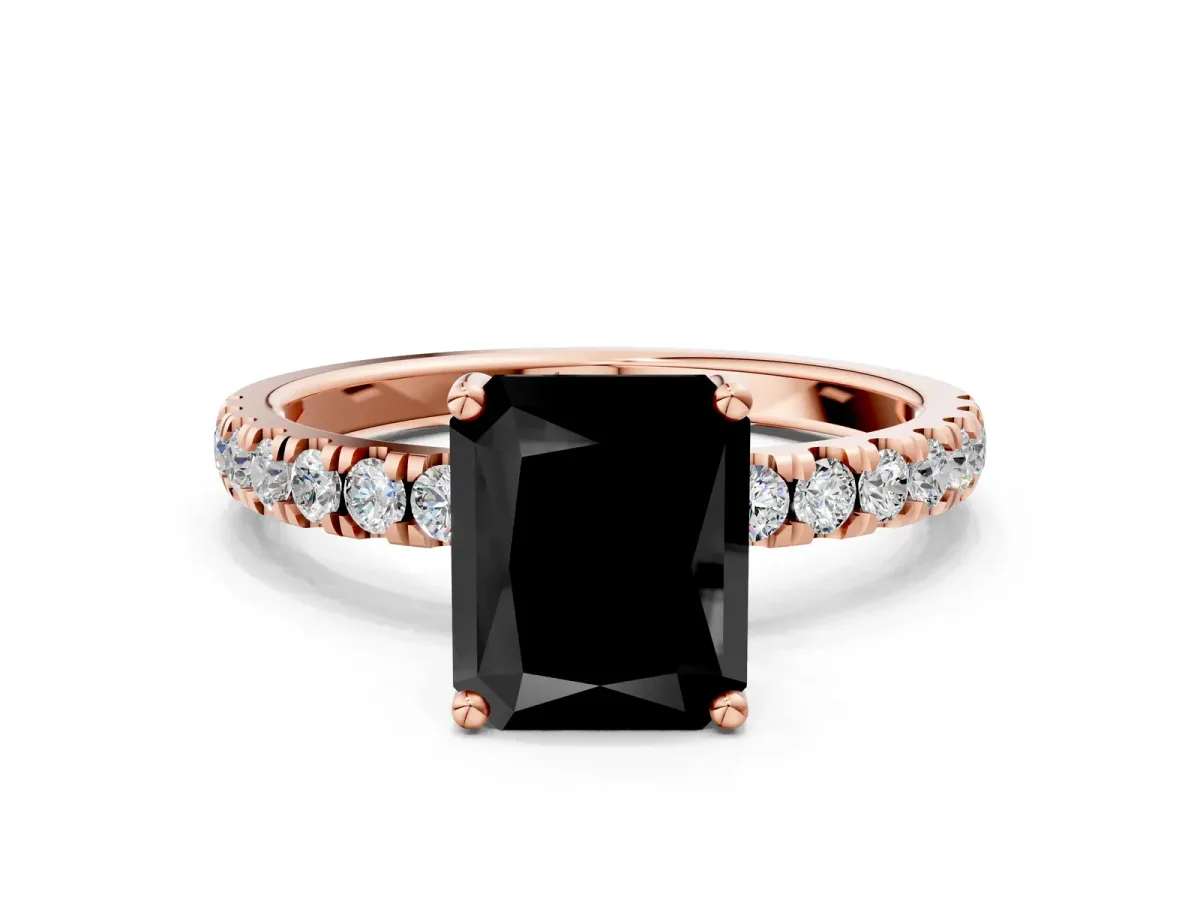 Fancy Black Radiant Cut Diamond Pave Band Solitaire Ring with Round and Prong Setting Rose gold