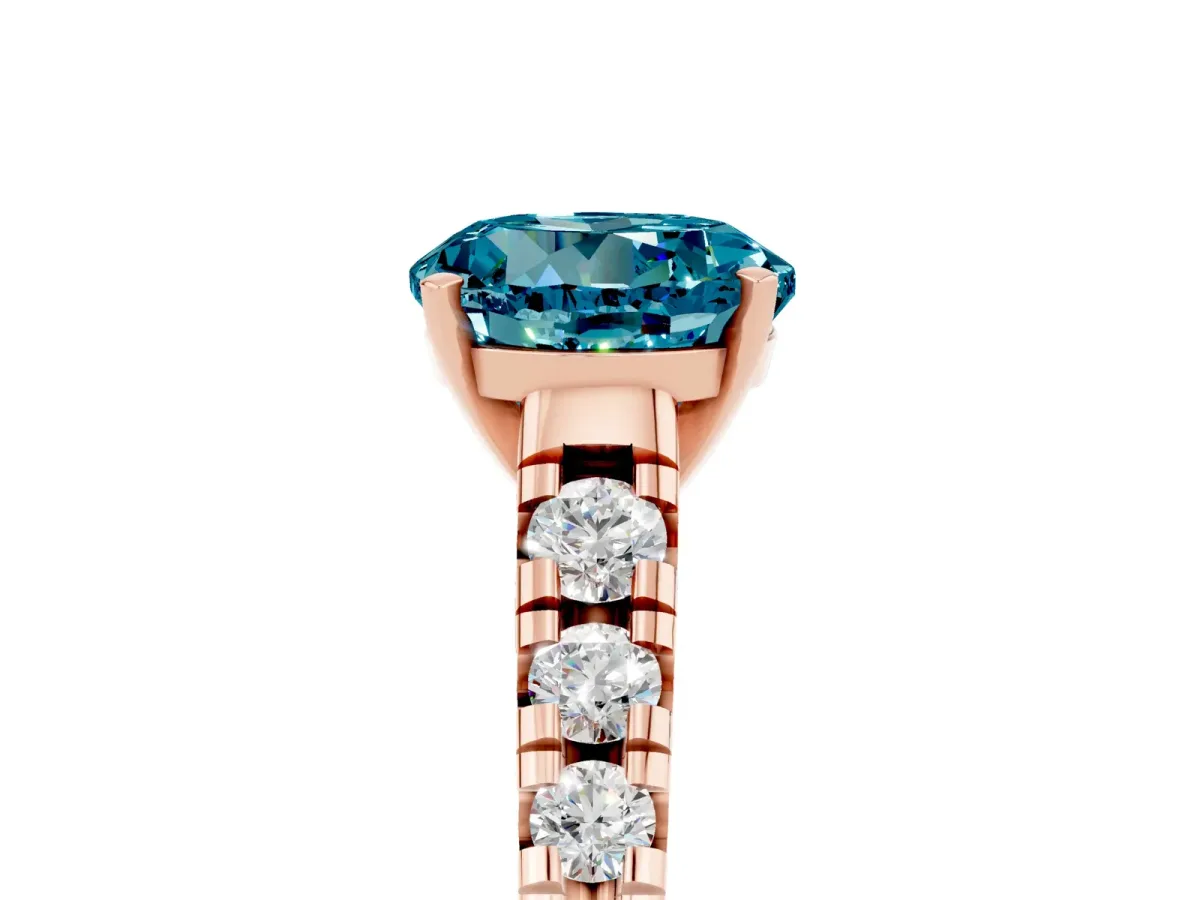 Round Cut Blue Topaz Cathedral Solitaire Ring with Round Pavé Band Rose gold