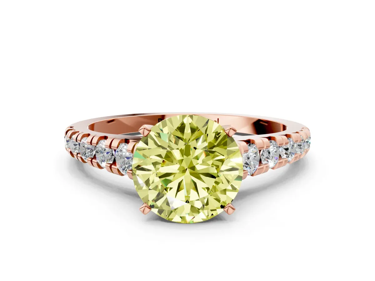 Fancy Yellow Round Cut Diamond Cathedral Solitaire Ring with Round Pavé Band Rose gold