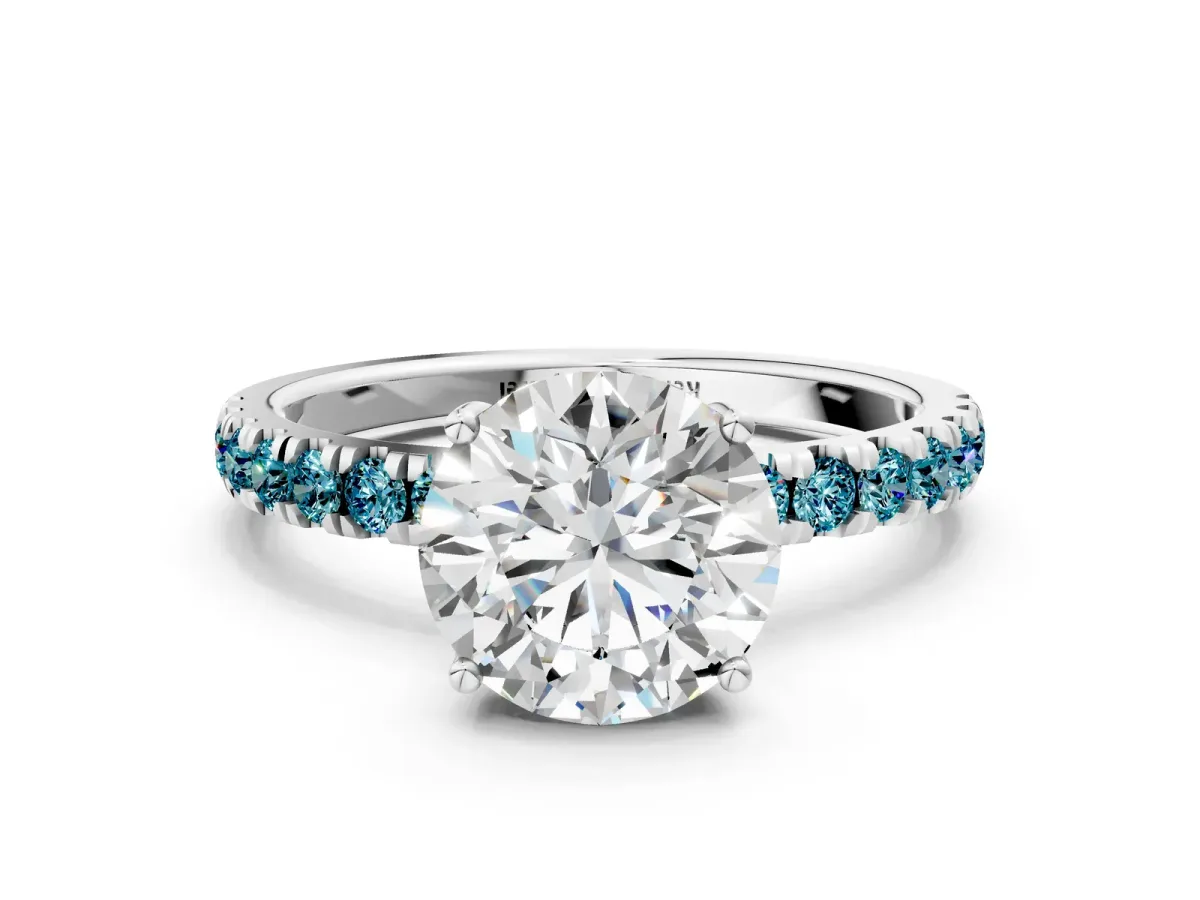 Round Cut Diamond Pave Band Solitaire Ring with Round Blue Topaz and Prong Setting Platinum