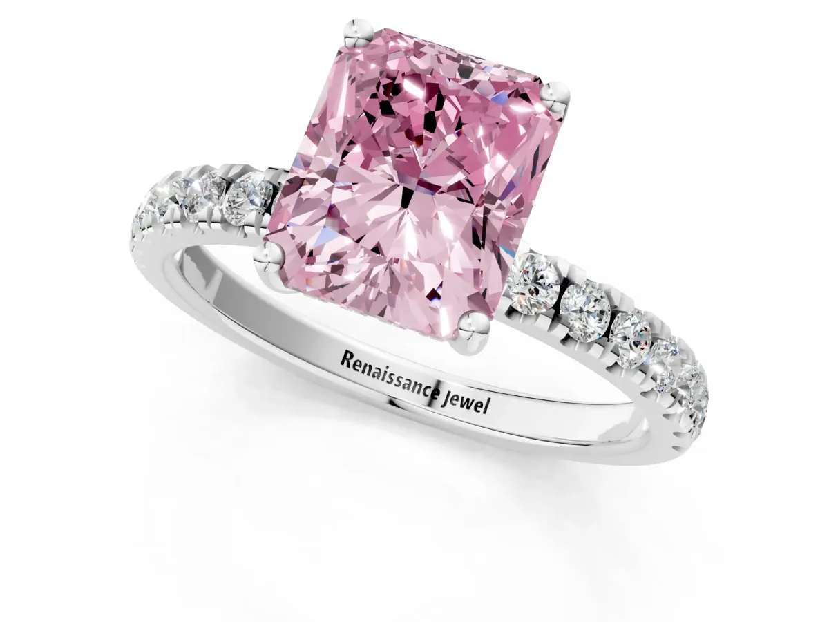 Fancy Pink Radiant Cut Diamond Pave Band Solitaire Ring with Round and Prong Setting Platinum