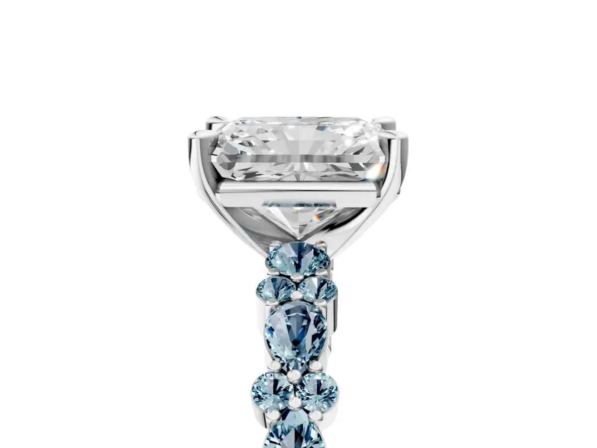 Radiant Cut Diamond Side Stone Solitaire Ring with Round Aquamarine and Four-Prong Setting Platinum