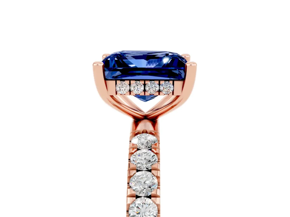 Princess Cut Blue Sapphire Pave Band Solitaire Ring with Round and Prong Setting Rose gold