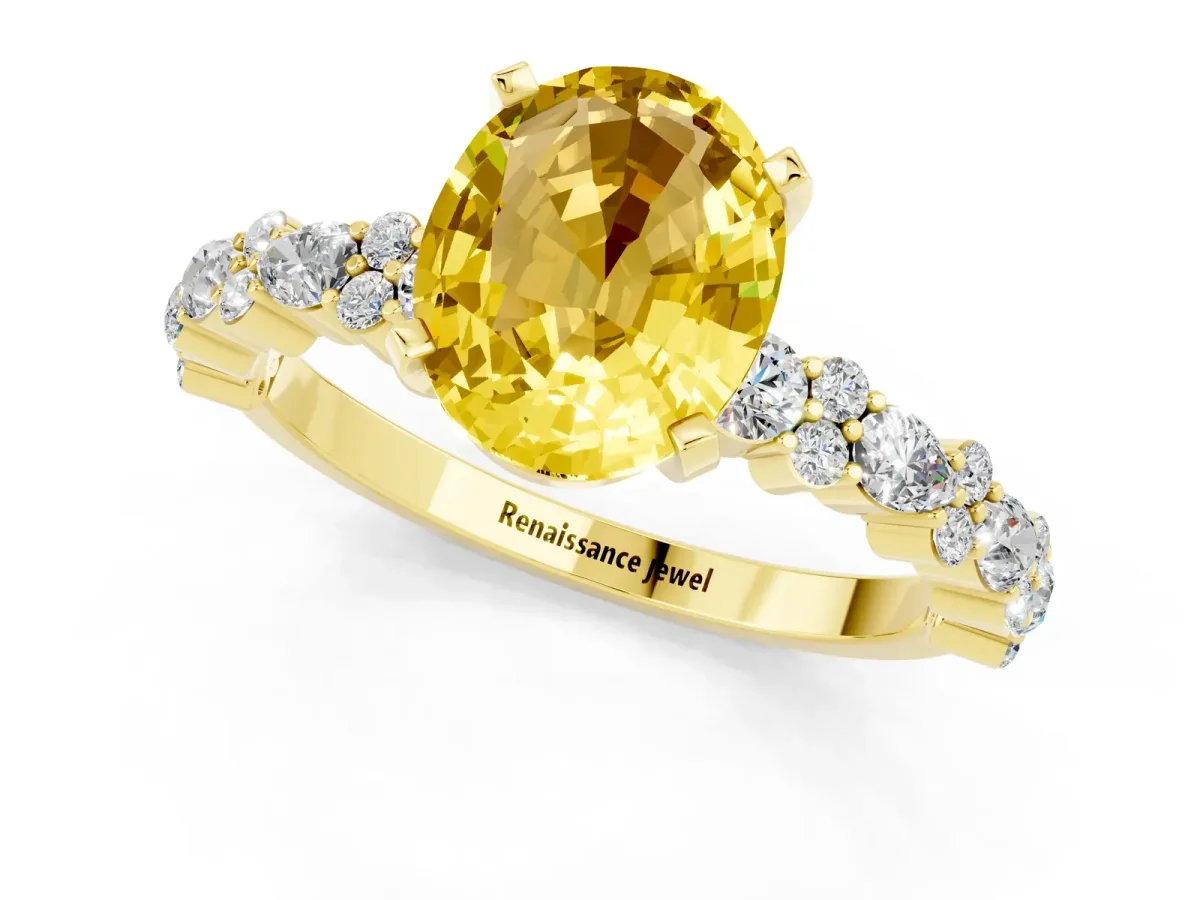 Oval Cut Yellow Sapphire Side Stone Solitaire Ring with Round and Four-Prong Setting Yellow gold