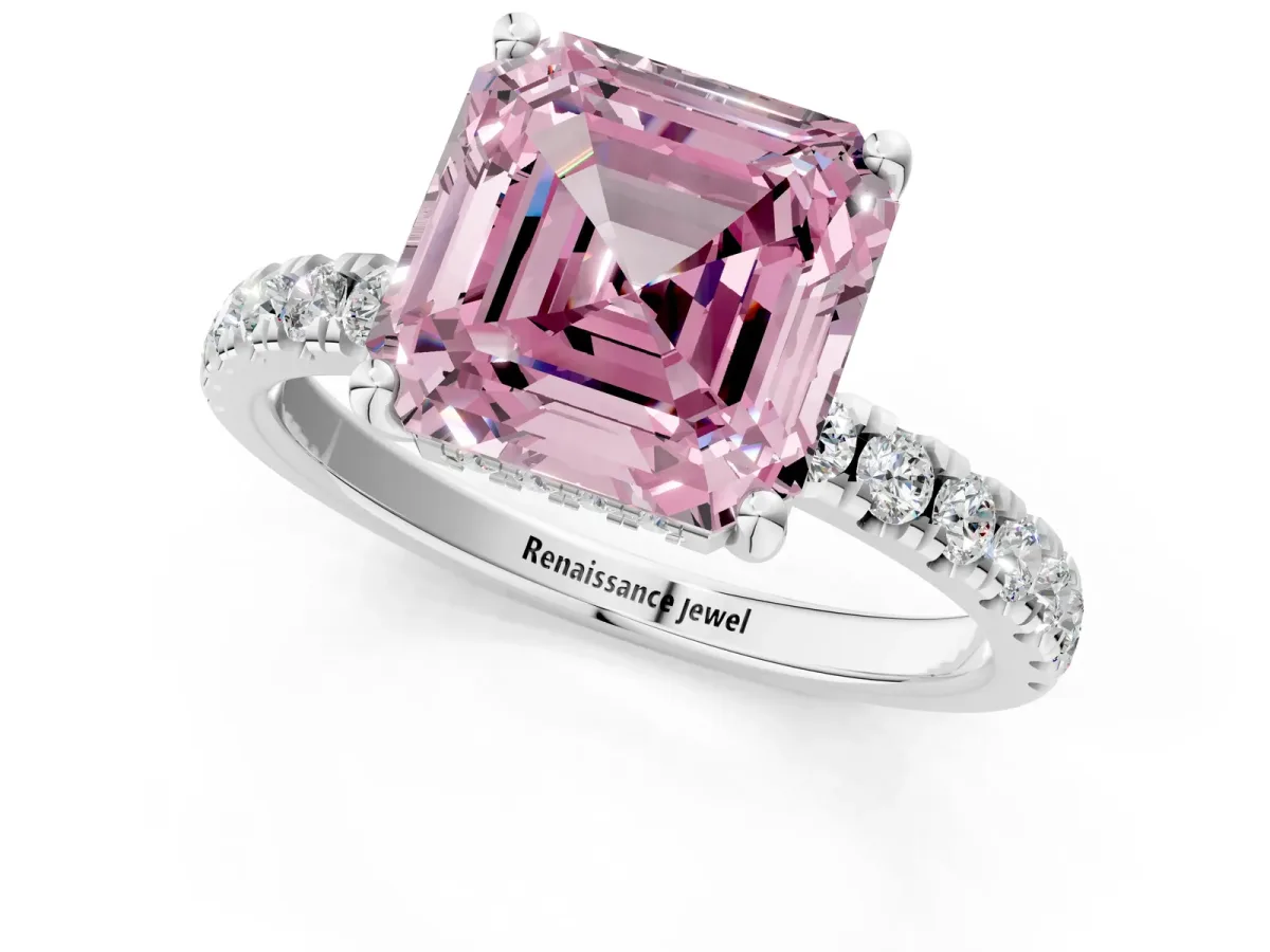 Fancy Pink Asscher Cut Diamond Pave Band Solitaire Ring with Round and Prong Setting Platinum