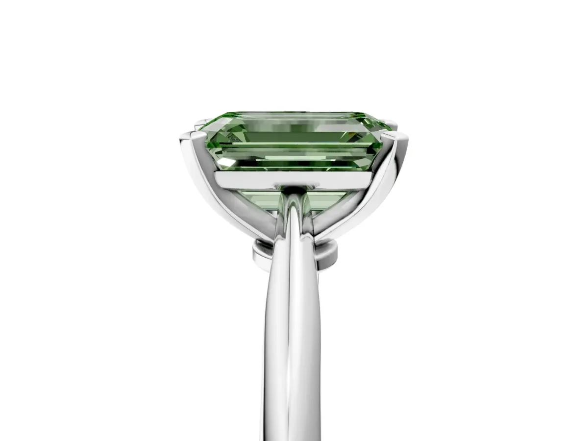 Fancy Green Emerald Cut Diamond Solitaire Engagement Ring with Classic Band and Four-Prong Setting Platinum