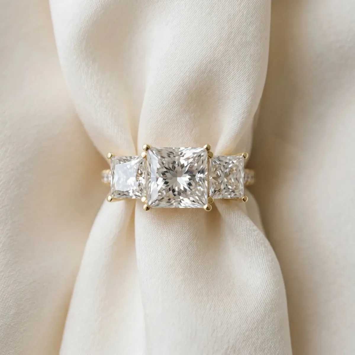Three-Stone Princess Cut Diamond Ring with Round Pavé Band and Prong Setting Yellow gold