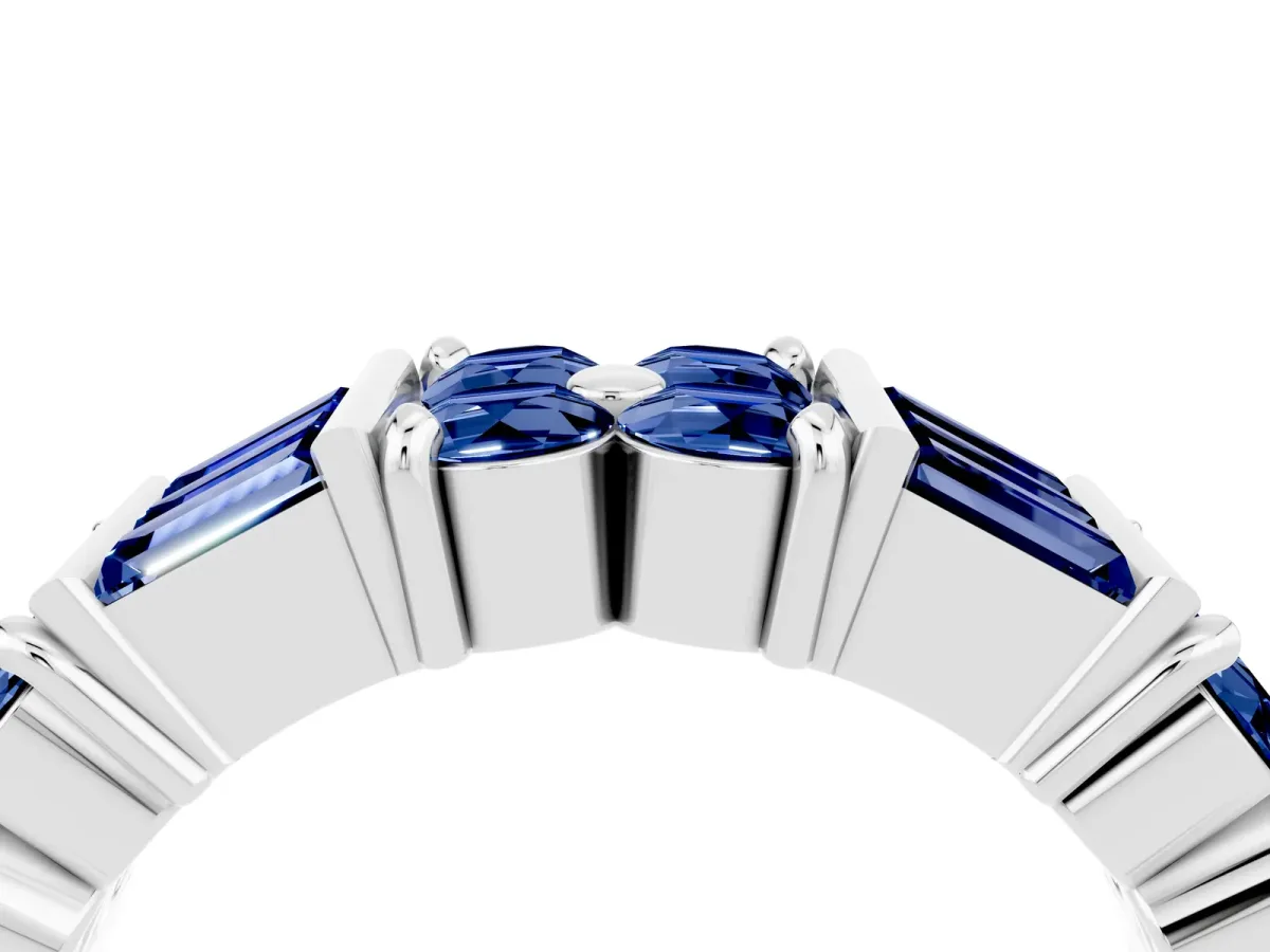 Channel Set Round and Baguette Blue Sapphire Anniversary Band with Prong Setting Silver