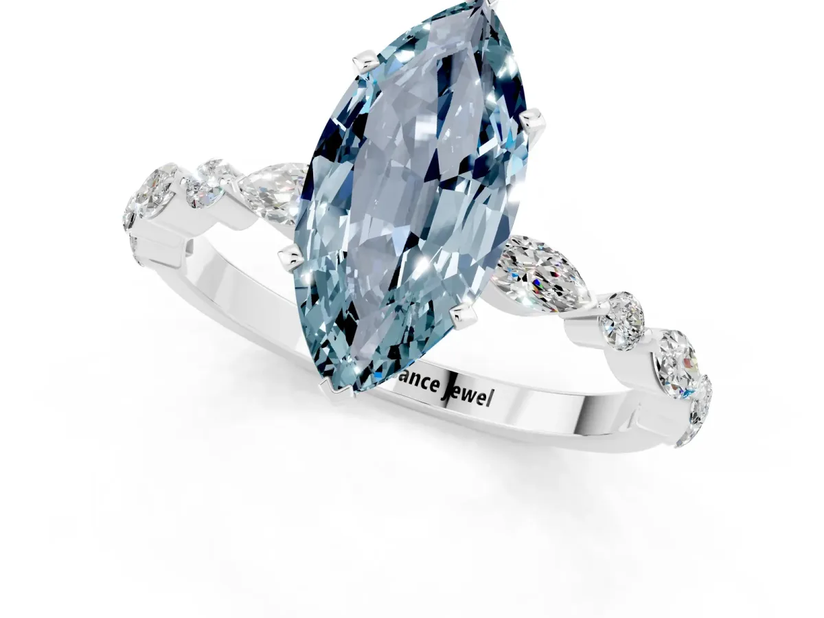 Marquise Cut Aquamarine Ring with Marquise and Round Side Stones and Four-Prong Setting Platinum