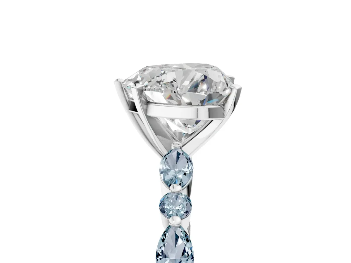 Heart Cut Diamond Ring with Marquise and Round Aquamarine Side Stones and Four-Prong Setting Silver