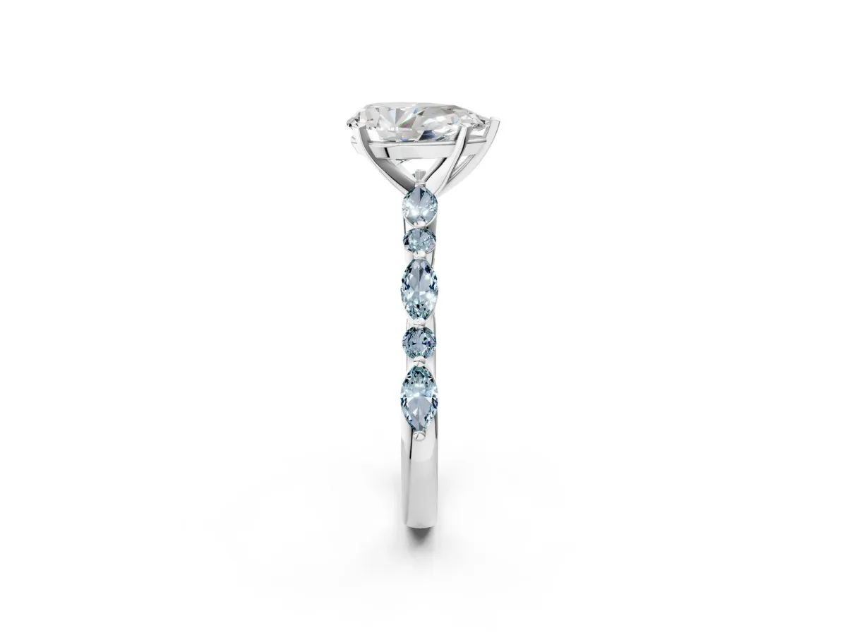 Pear Cut Diamond Ring with Marquise and Round Aquamarine Side Stones and Four-Prong Setting Silver