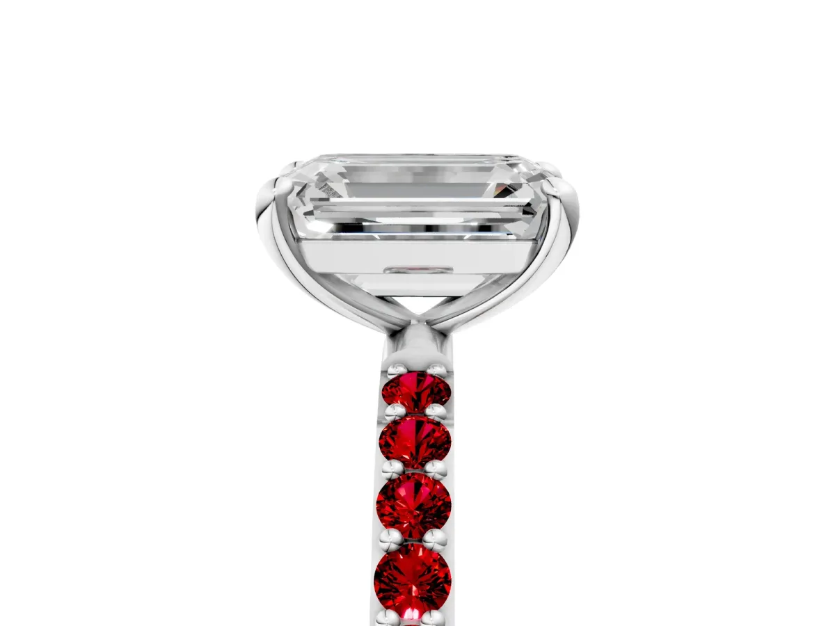 Emerald Cut Diamond Solitaire Ring with Round Ruby Pavé Band and Prong Setting White gold