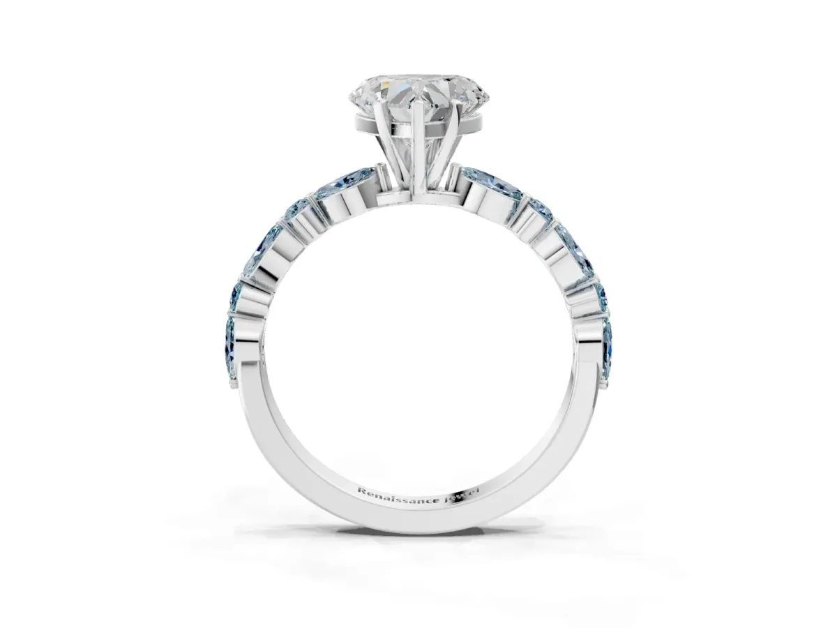 Heart Cut Diamond Ring with Marquise and Round Aquamarine Side Stones and Four-Prong Setting Silver