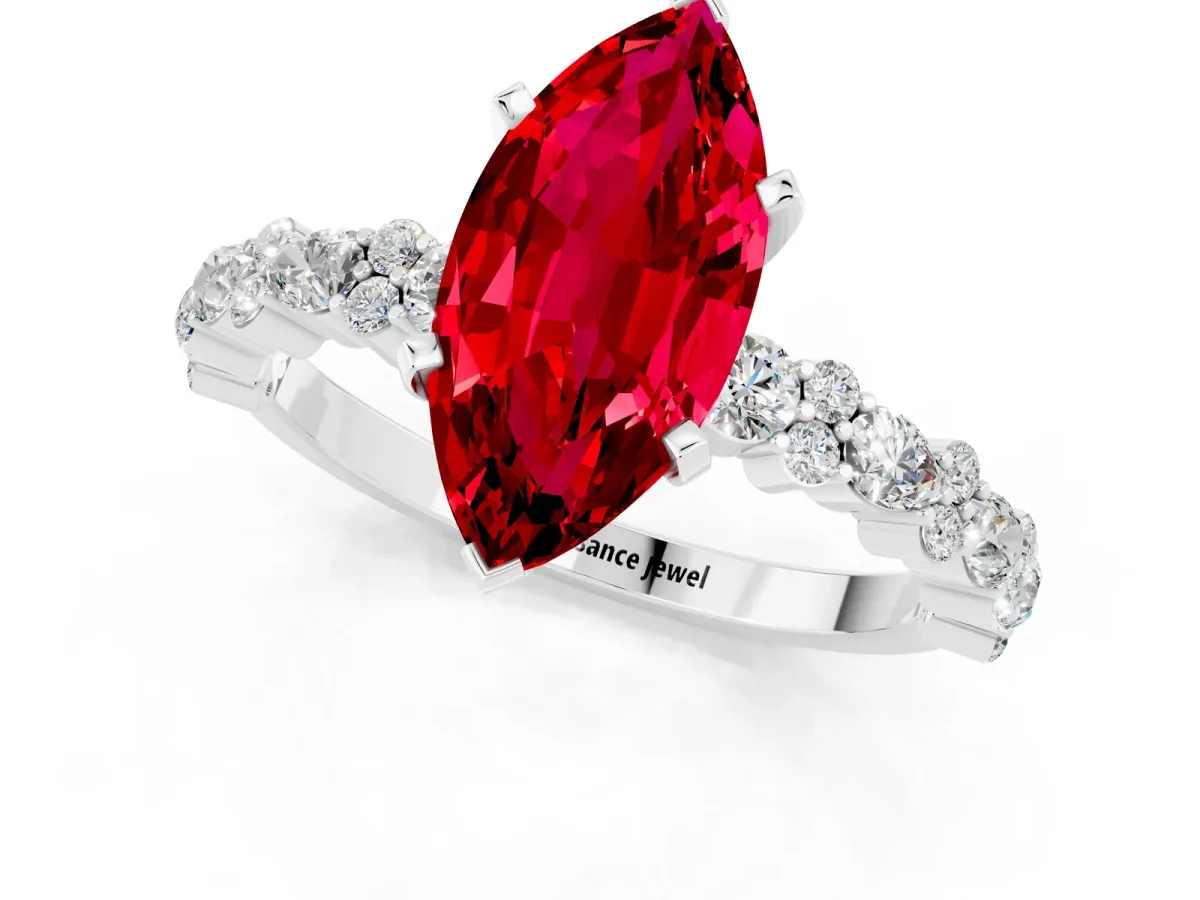 Marquise Cut Ruby Side Stone Solitaire Ring with Round and Four-Prong Setting Platinum