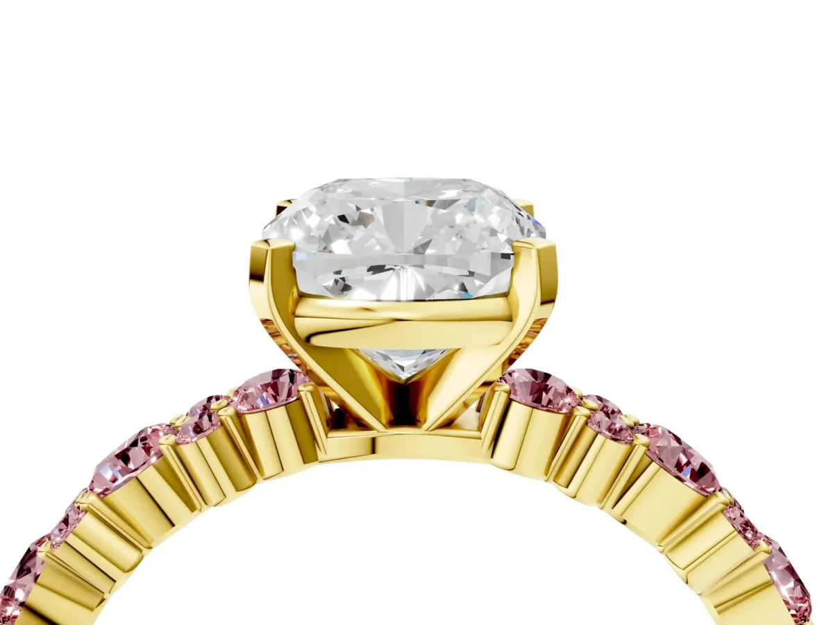 Cushion Cut Diamond Side Stone Solitaire Ring with Round Morganite and Four-Prong Setting Yellow gold