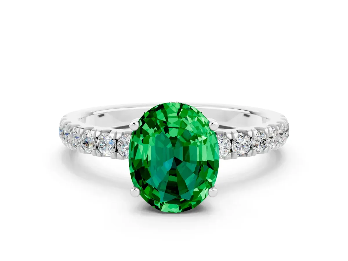 Oval Cut Emerald Pave Band Solitaire Ring with Round and Prong Setting Silver