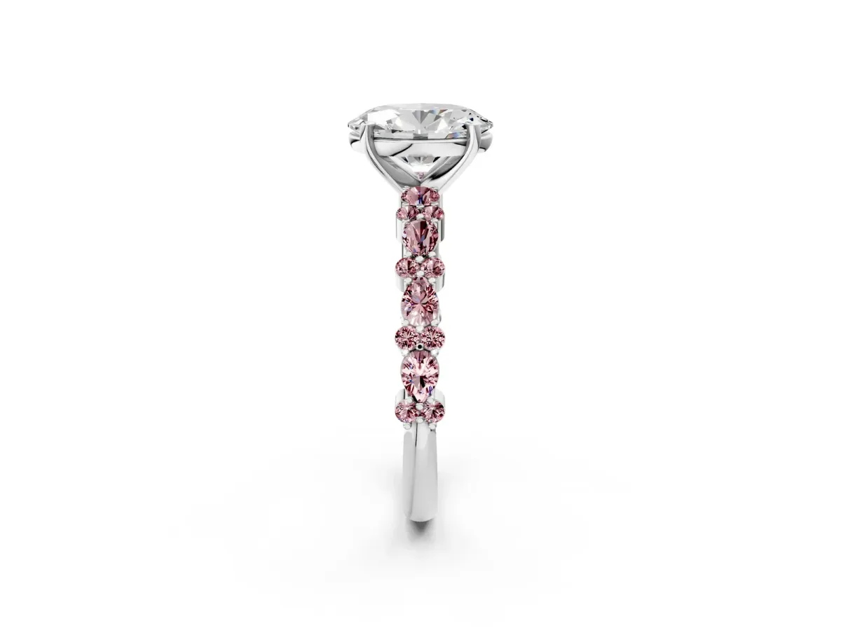 Oval Cut Diamond Side Stone Solitaire Ring with Round Morganite and Four-Prong Setting Platinum