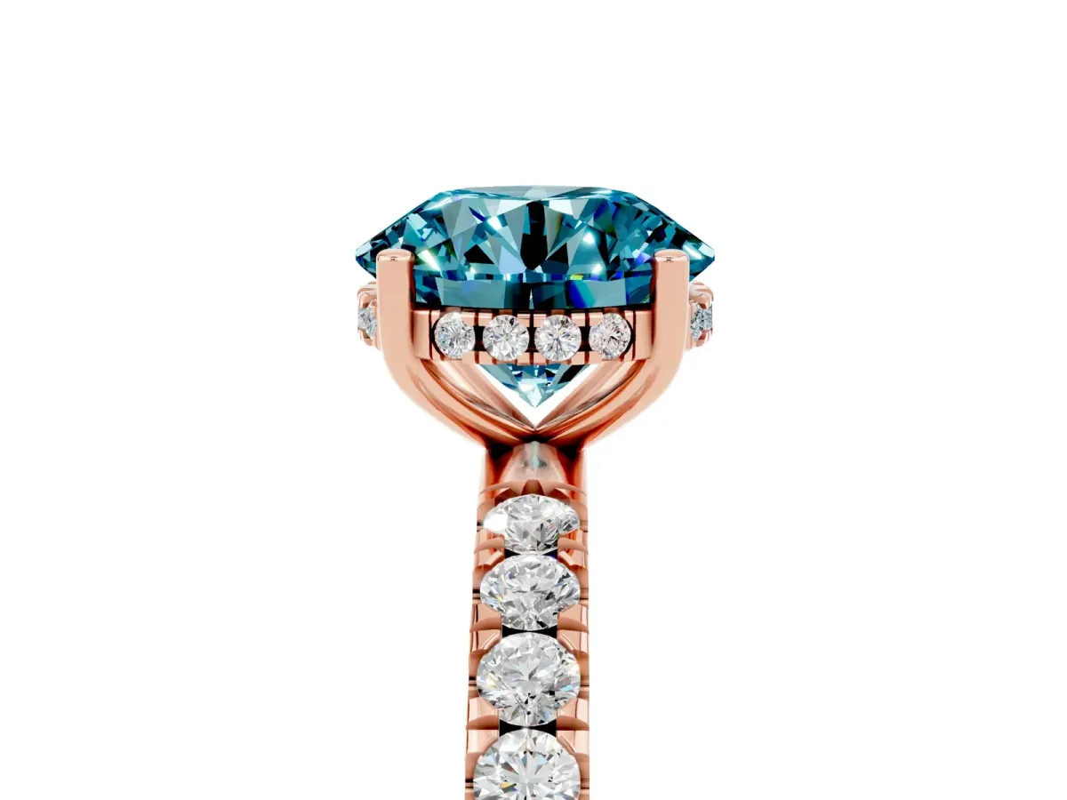 Round Cut Blue Topaz Pave Band Solitaire Ring with Round and Prong Setting Rose gold