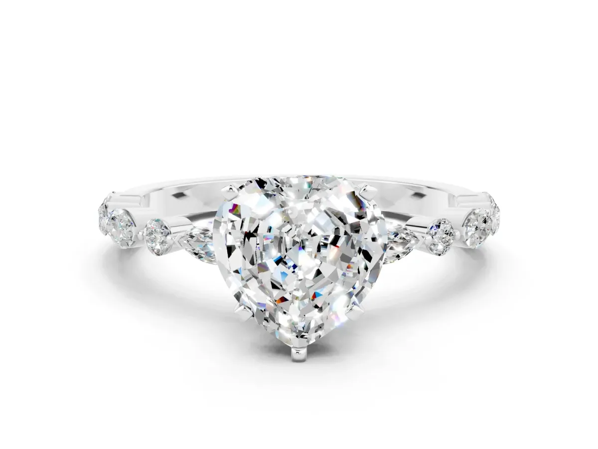 Heart Cut Moissanite Ring with Marquise and Round Side Stones and Four-Prong Setting Silver
