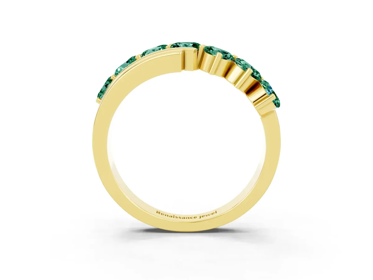 Round Green Sapphire Wave Band with Channel and Shared Prong Setting Yellow gold