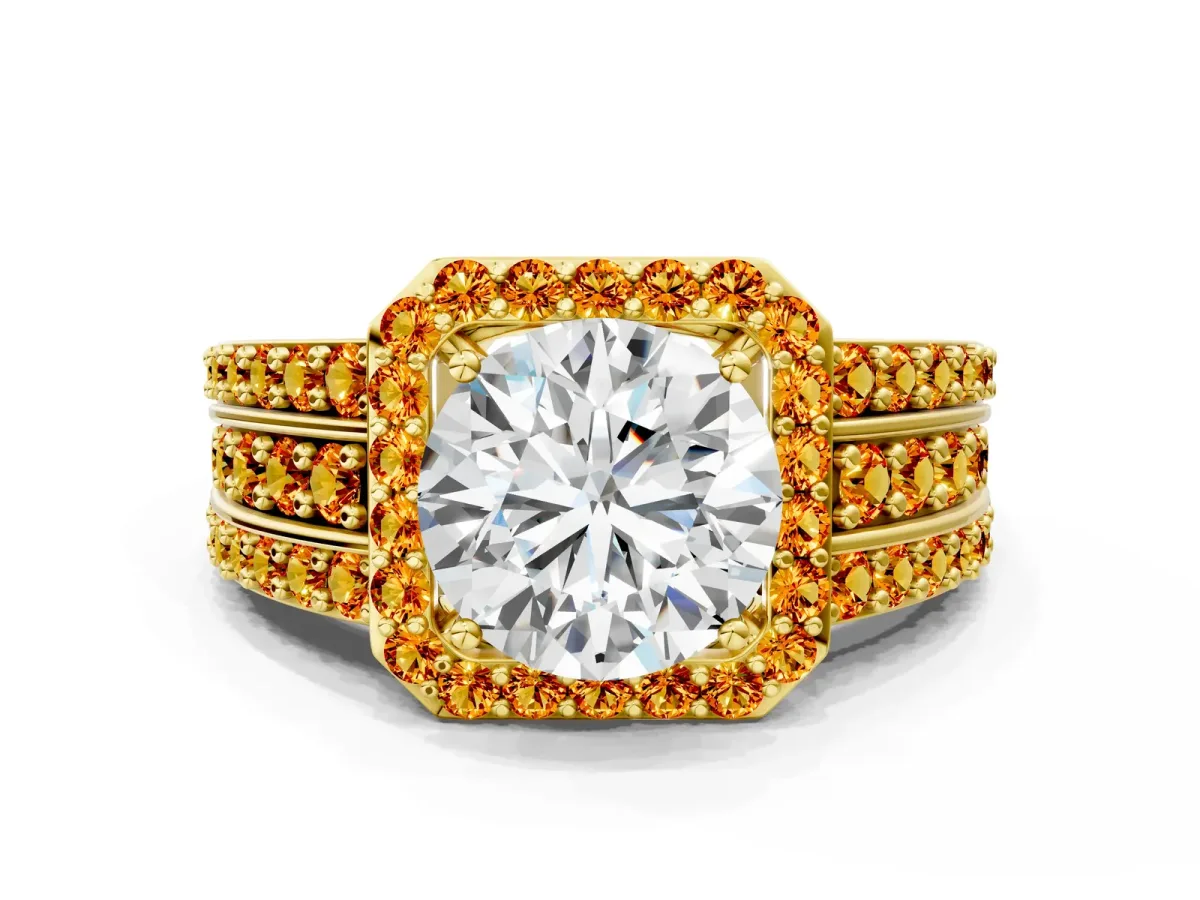 Round Cut Halo Diamond Ring with Round Citrine Split Shank and Prong Setting Yellow gold