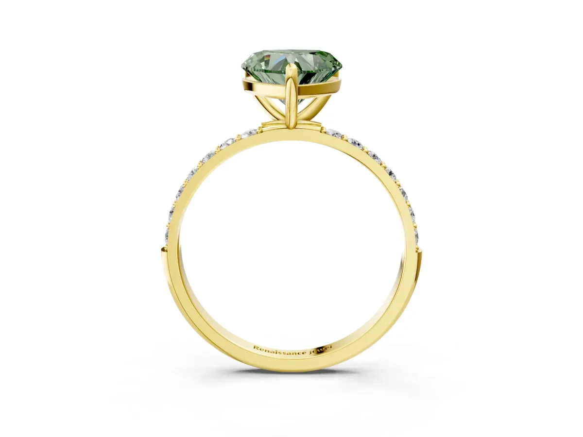 Fancy Green Heart Cut Diamond Solitaire Ring with Round Pavé Band and Prong Setting Yellow gold