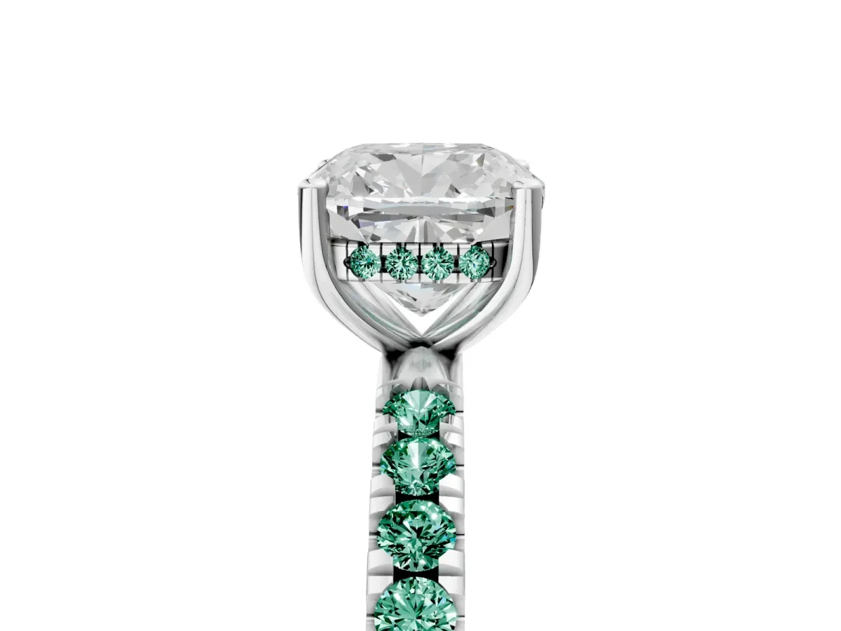Cushion Cut Diamond Pave Band Solitaire Ring with Round Green Sapphire and Prong Setting Platinum
