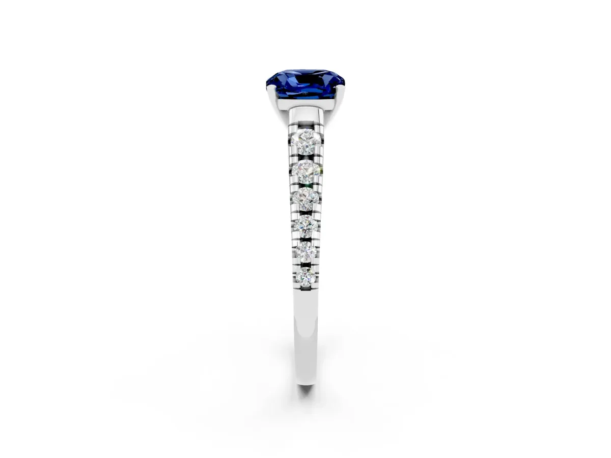 Cushion Cut Blue Sapphire Cathedral Solitaire Ring with Round Pavé Band Silver