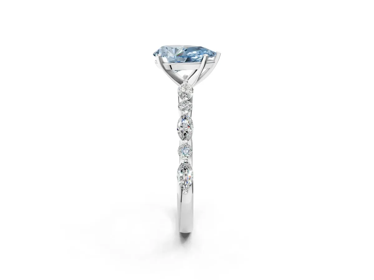 Fancy Blue Pear Cut Diamond Ring with Marquise and Round Side Stones and Four-Prong Setting Platinum
