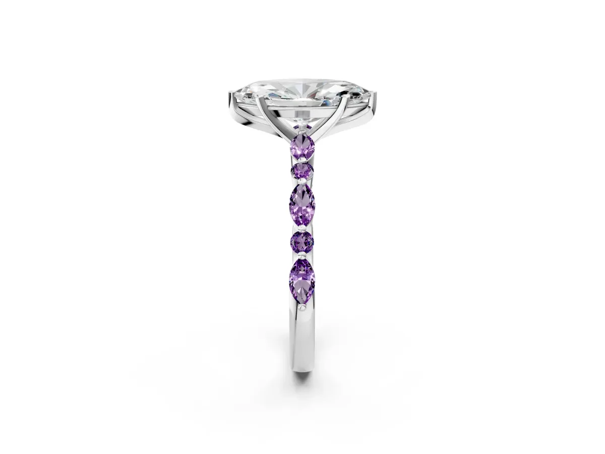 Marquise Cut Diamond Ring with Marquise and Round Amethyst Side Stones and Four-Prong Setting Silver