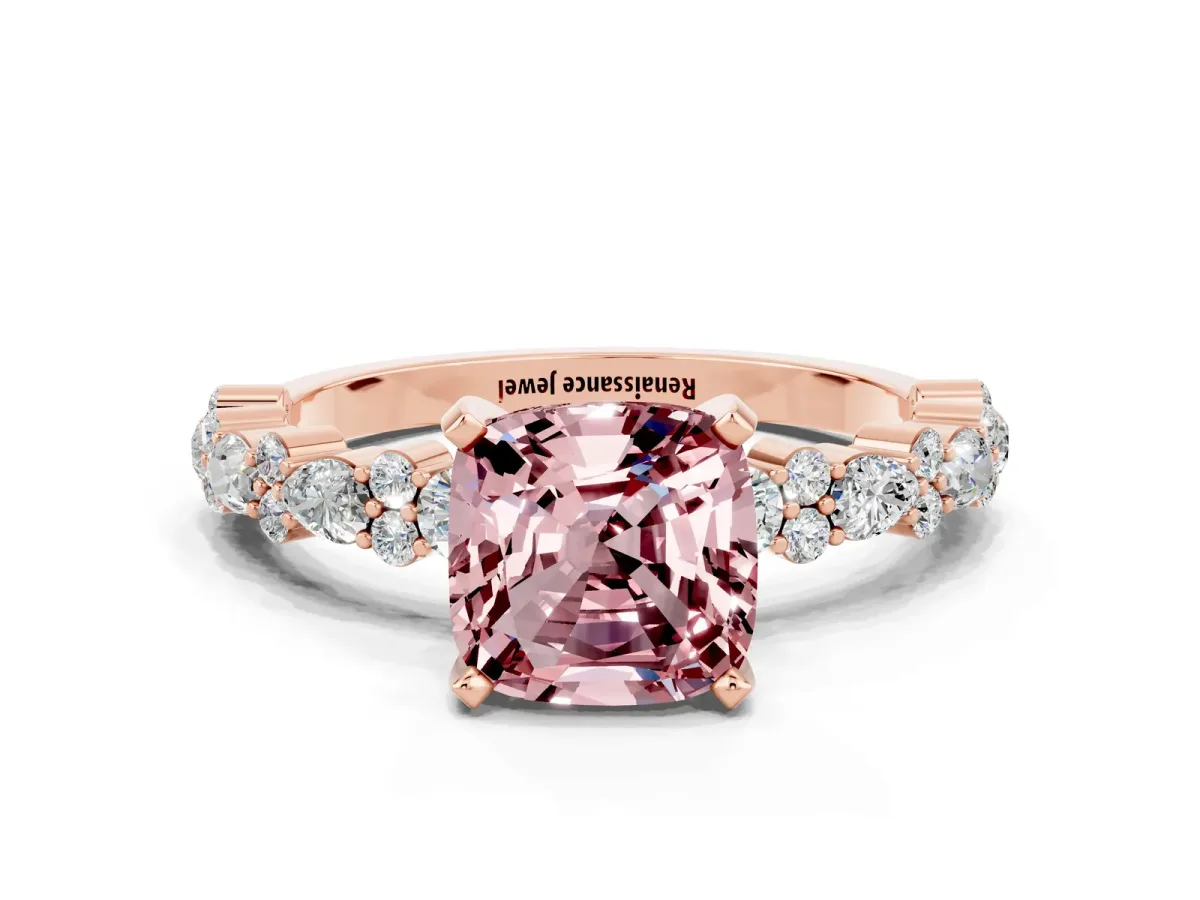 Cushion Cut Morganite Side Stone Solitaire Ring with Round and Four-Prong Setting Rose gold