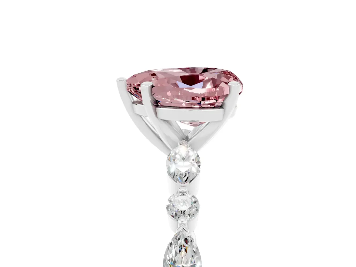 Heart Cut Morganite Ring with Marquise and Round Side Stones and Four-Prong Setting Silver