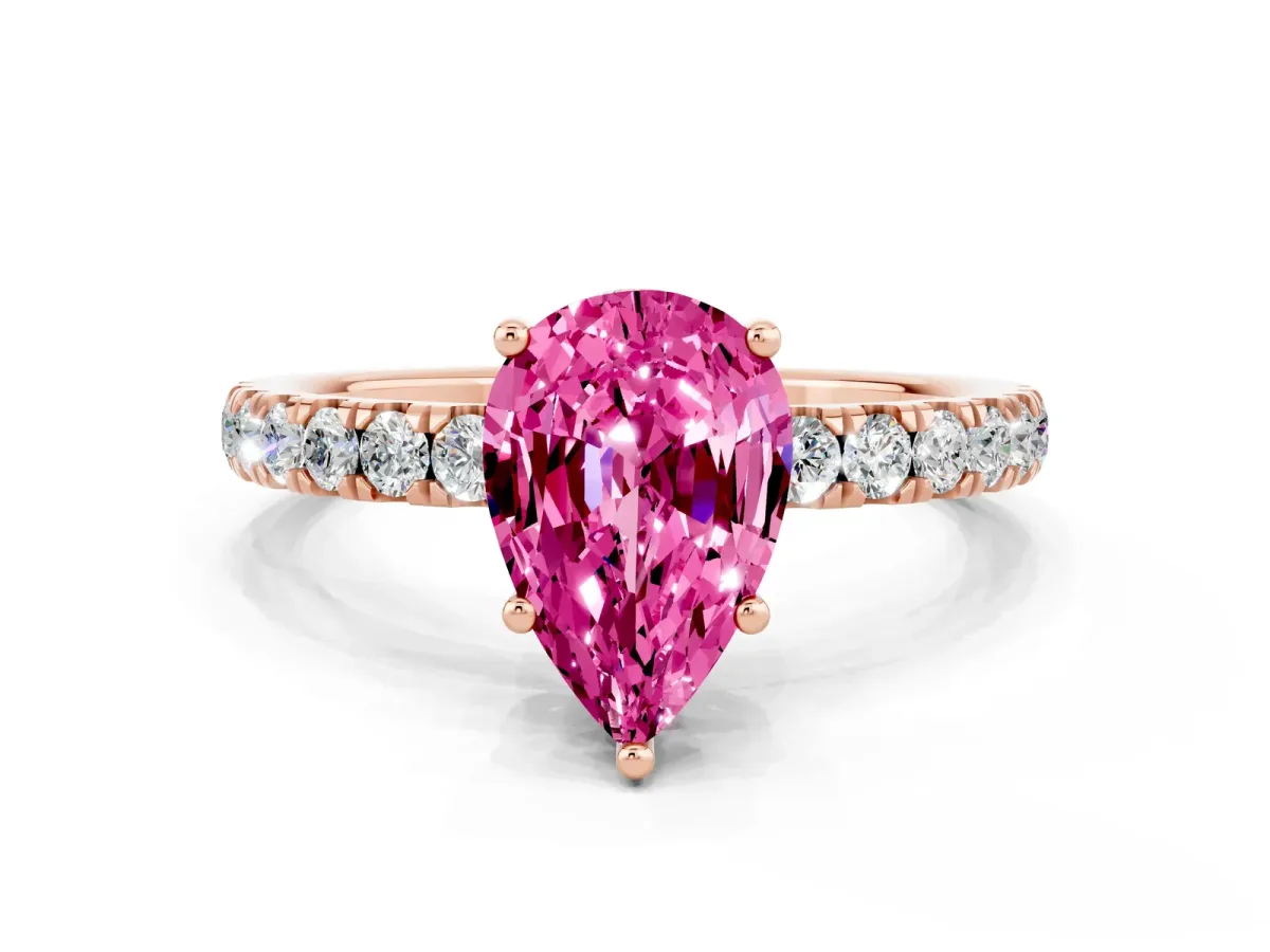 Pear Cut Pink Sapphire Pave Band Solitaire Ring with Round and Prong Setting Rose gold