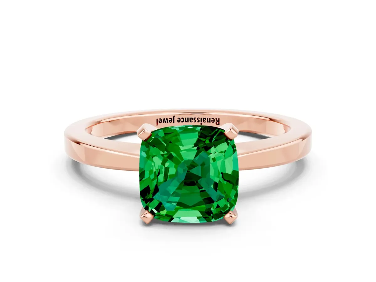 Cushion Cut Emerald Solitaire Engagement Ring with Classic Band and Four-Prong Setting Rose gold