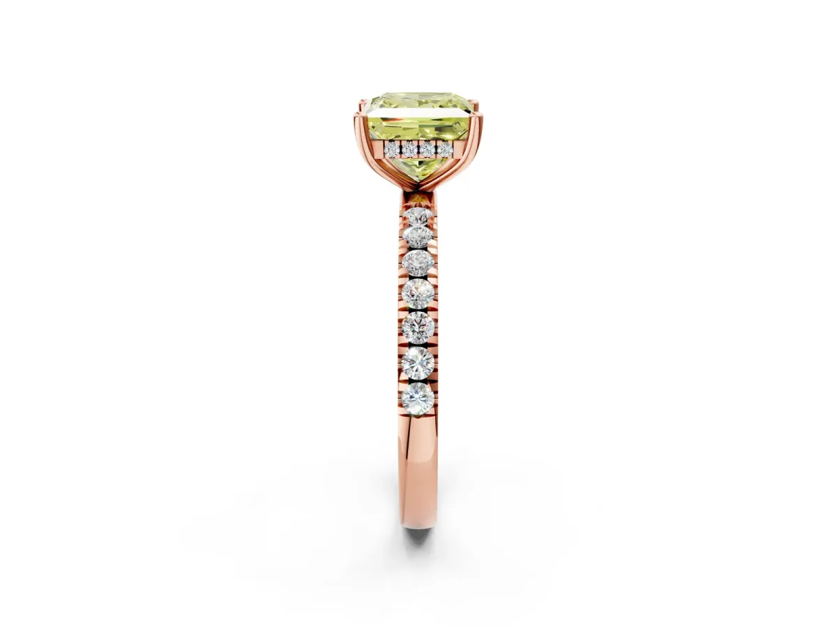 Fancy Yellow Princess Cut Diamond Pave Band Solitaire Ring with Round and Prong Setting Rose gold