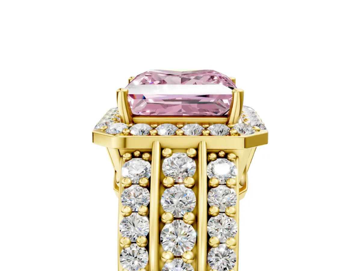 Fancy Pink Princess Cut Halo Diamond Ring with Round Split Shank and Prong Setting Yellow gold