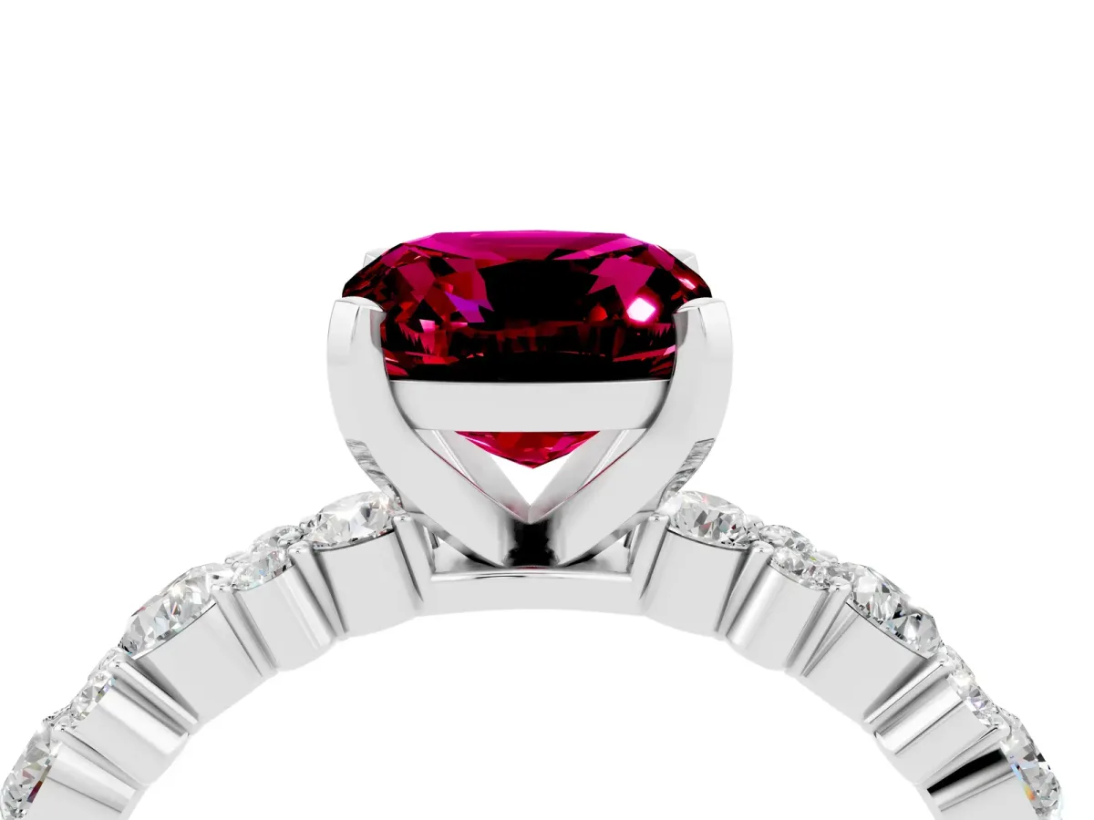 Cushion Cut Garnet Side Stone Solitaire Ring with Round and Four-Prong Setting Silver