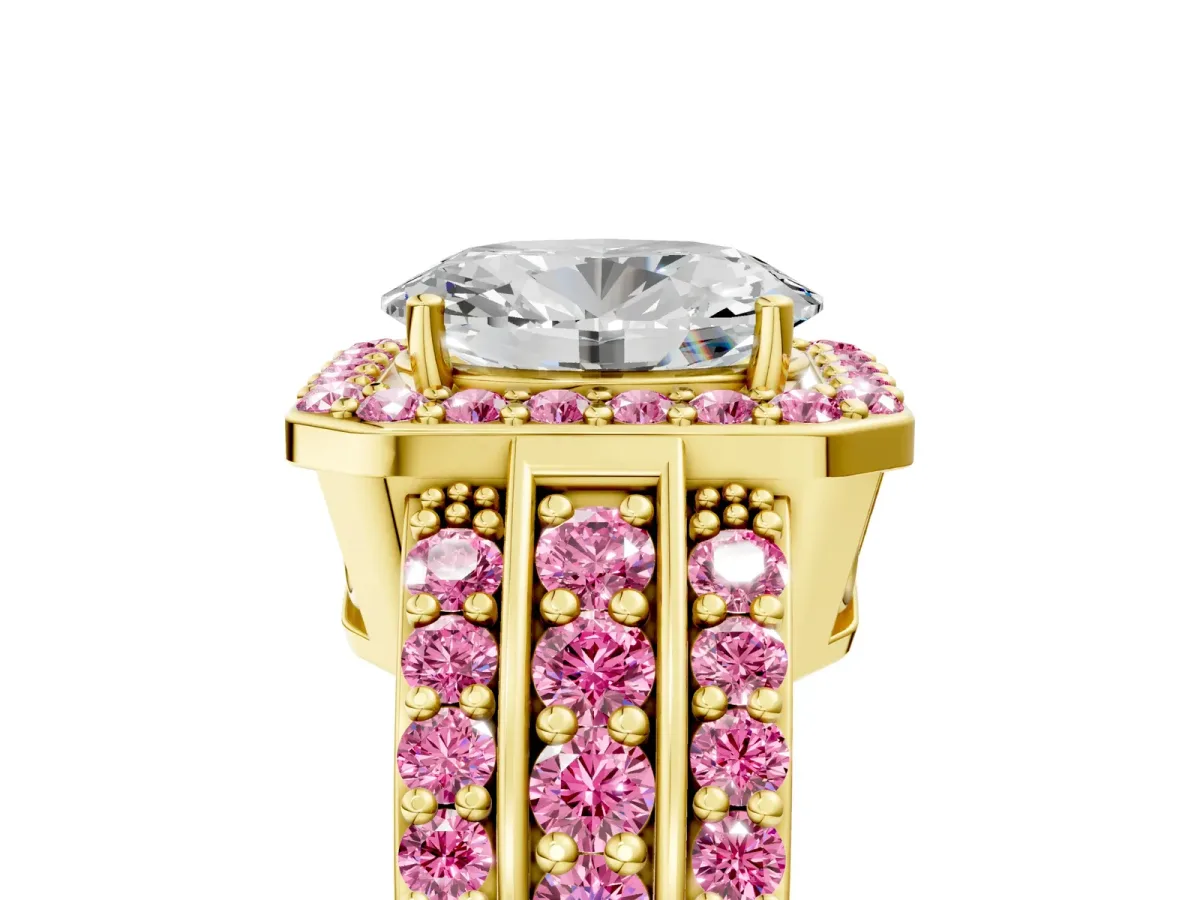 Oval Cut Halo Diamond Ring with Round Pink Sapphire Split Shank and Prong Setting Yellow gold