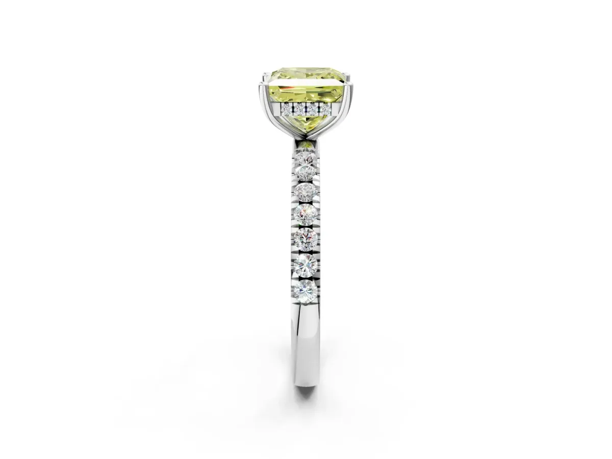 Fancy Yellow Princess Cut Diamond Pave Band Solitaire Ring with Round and Prong Setting Silver
