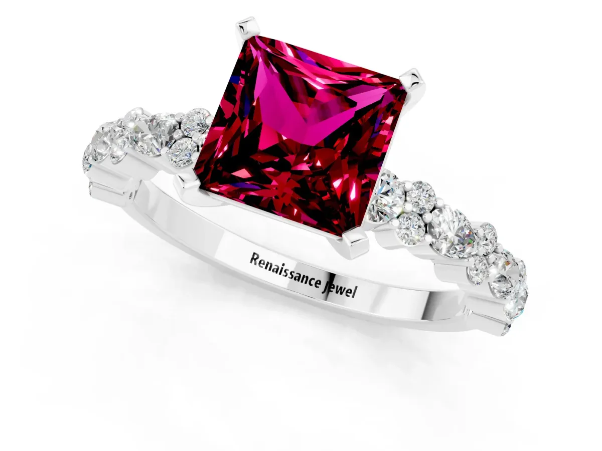 Princess Cut Garnet Side Stone Solitaire Ring with Round and Four-Prong Setting Platinum