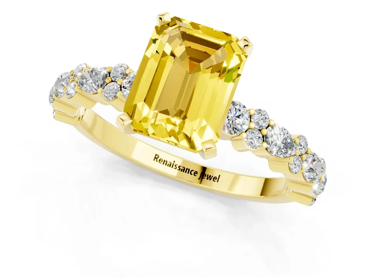 Emerald Cut Yellow Sapphire Side Stone Solitaire Ring with Round and Four-Prong Setting Yellow gold