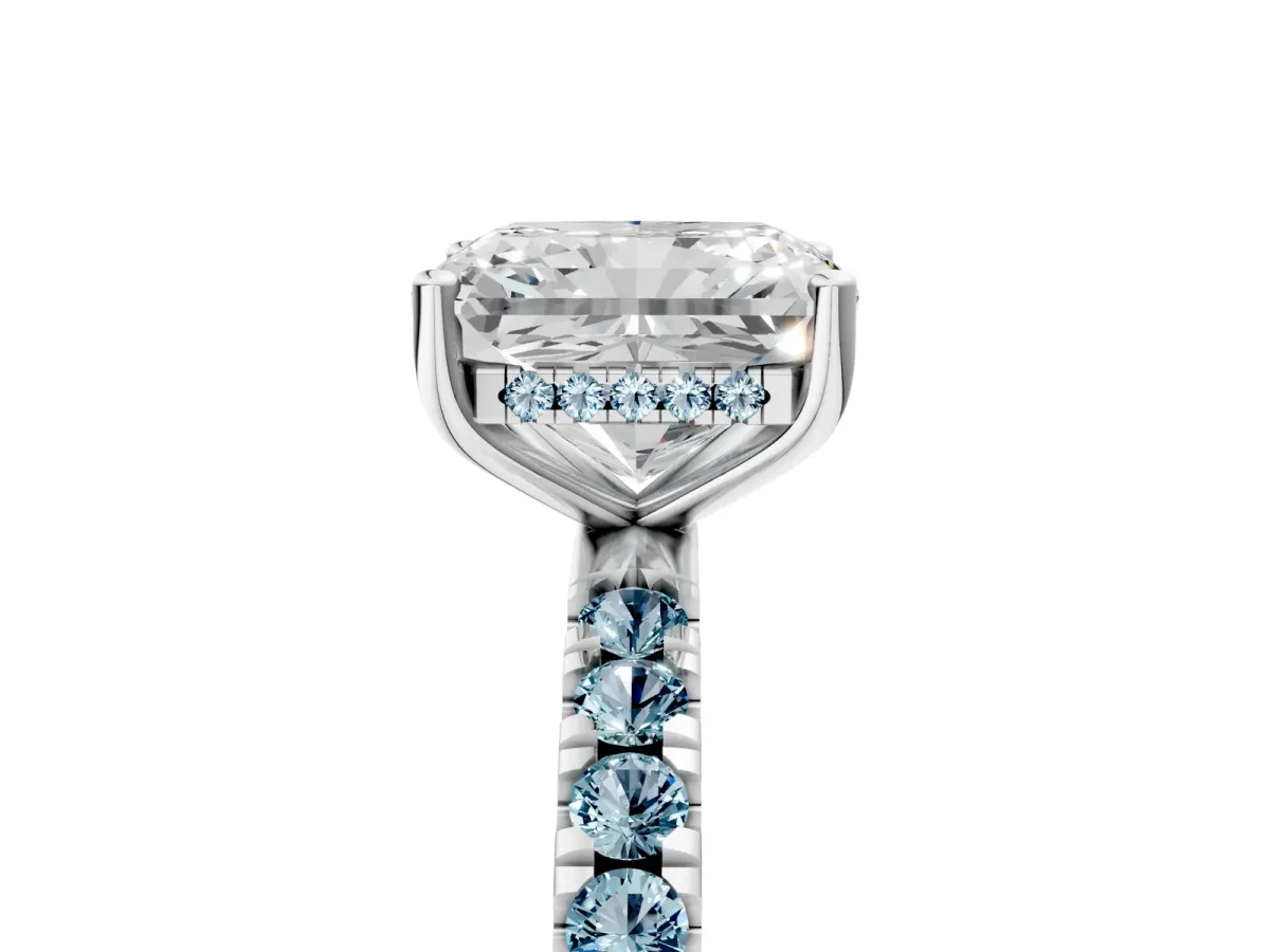 Radiant Cut Diamond Pave Band Solitaire Ring with Round Aquamarine and Prong Setting Silver