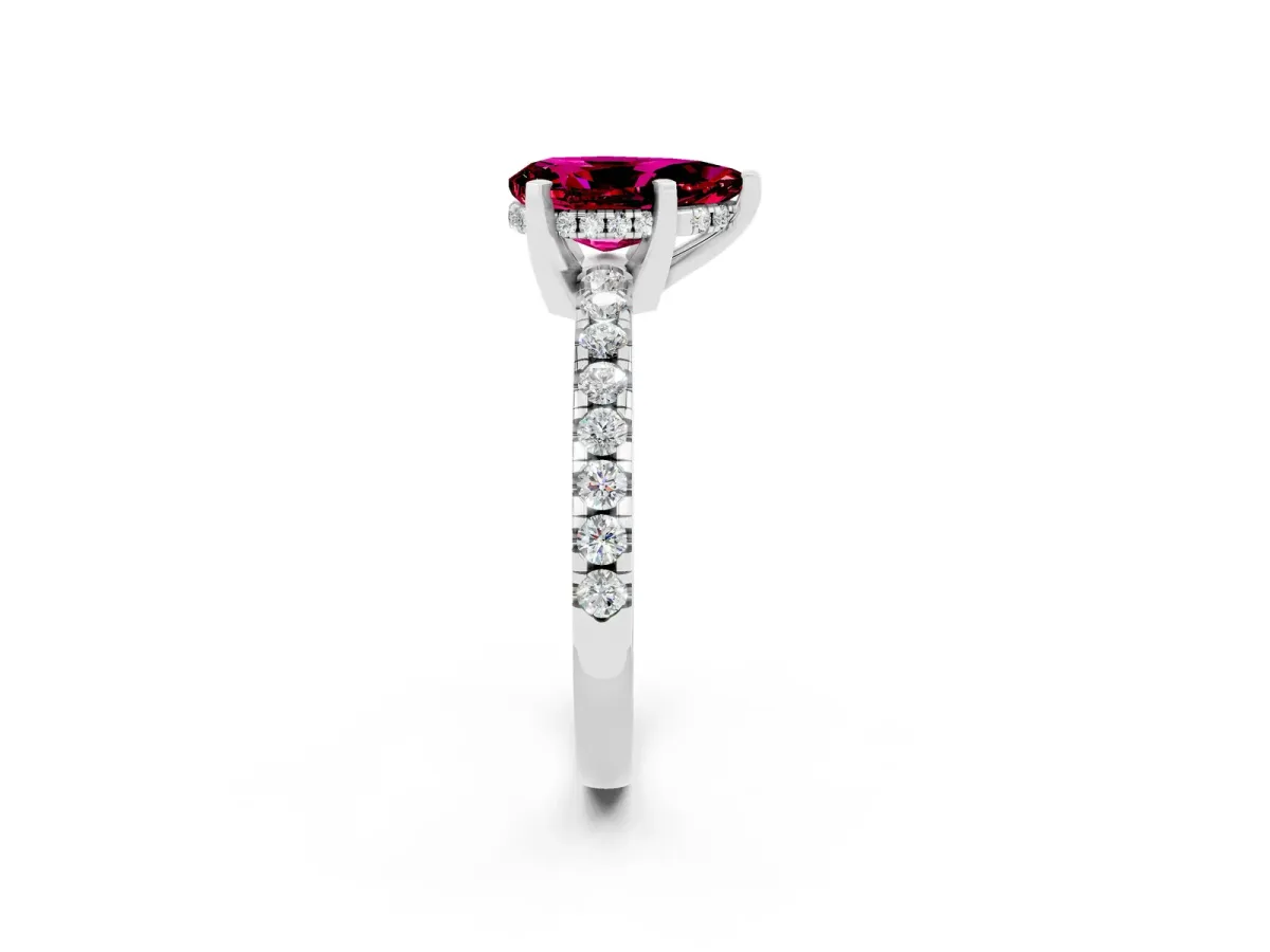 Pear Cut Garnet Solitaire Ring with Round Pavé Band and Four-Prong Setting White gold