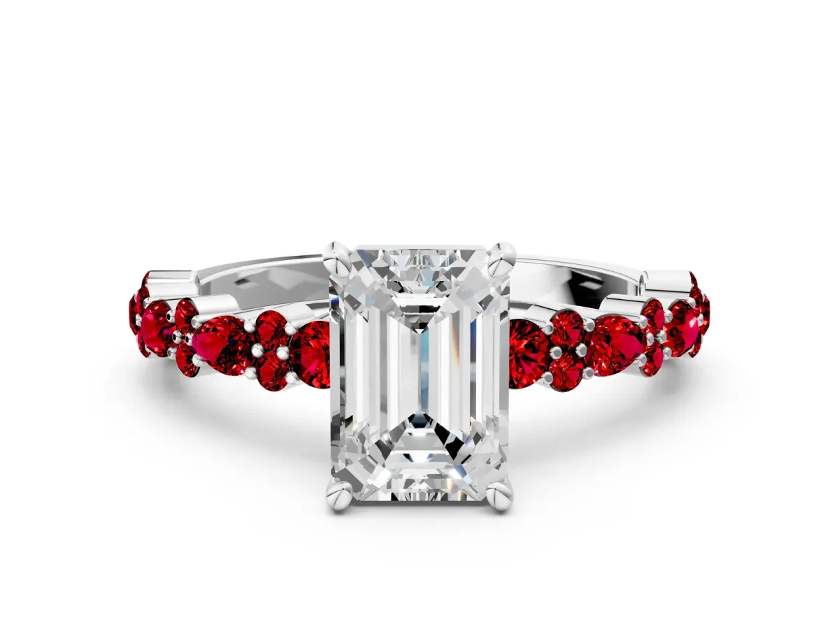 Emerald Cut Diamond Side Stone Solitaire Ring with Round Ruby and Four-Prong Setting White gold