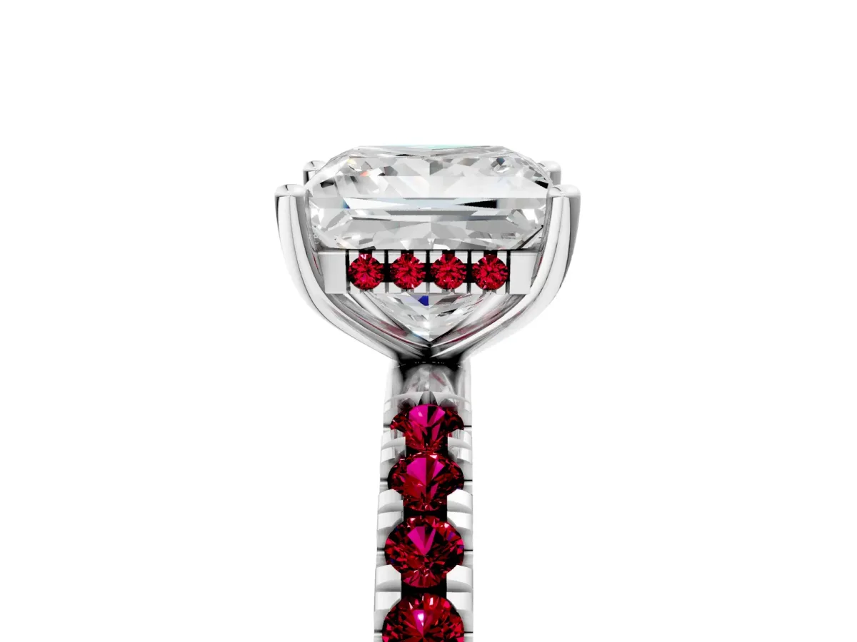 Princess Cut Diamond Pave Band Solitaire Ring with Round Garnet and Prong Setting Silver