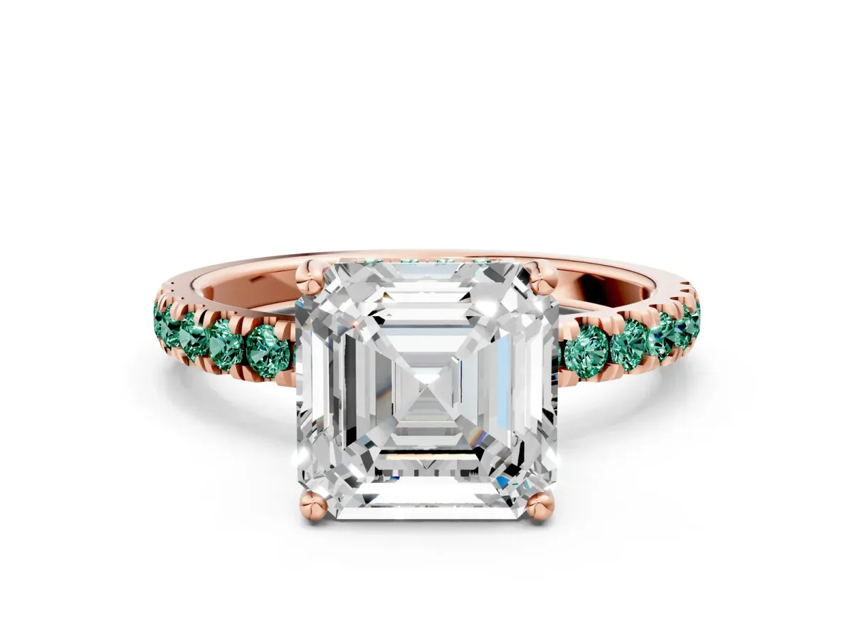 Asscher Cut Diamond Pave Band Solitaire Ring with Round Green Sapphire and Prong Setting Rose gold